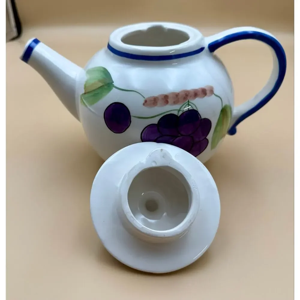 Vintage CBK Ltd China Porcelain Teapot Hand Painted Grapes Blue Trim Cottagecore